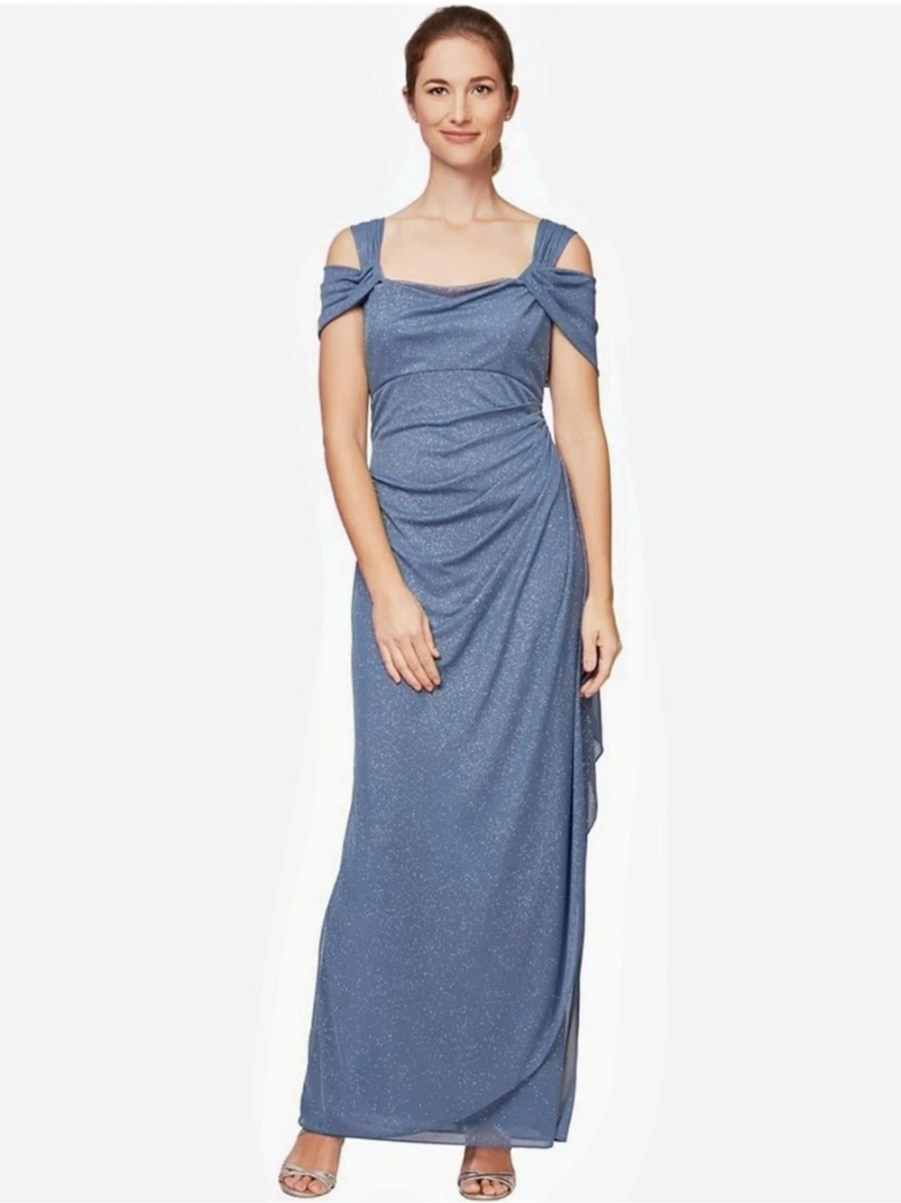Alex Evenings Glitter Mesh Cold-Shoulder Gown Purple Size 12